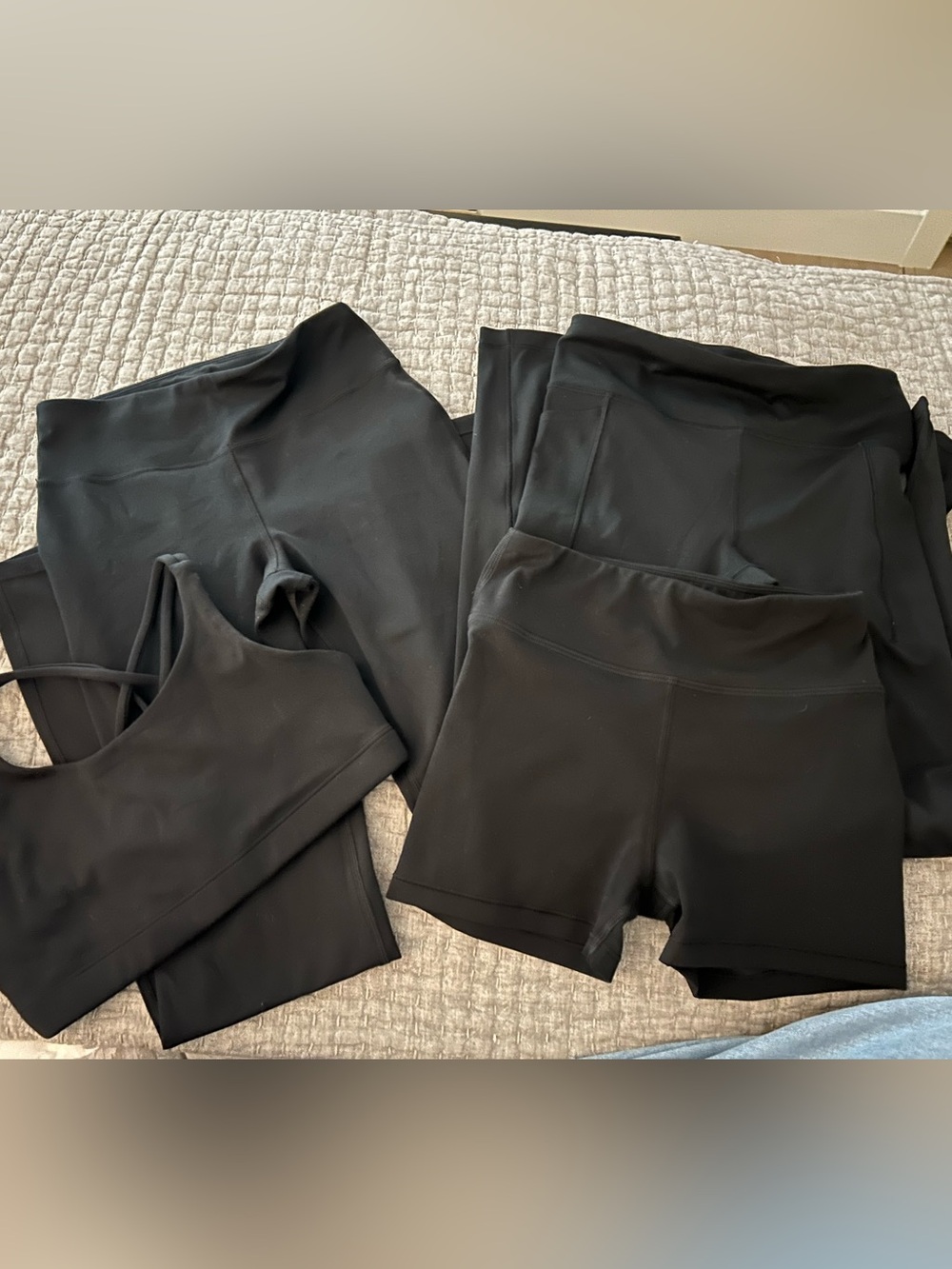 Athletaq Girl Black flare and straight leggings, short & sports bra set in large